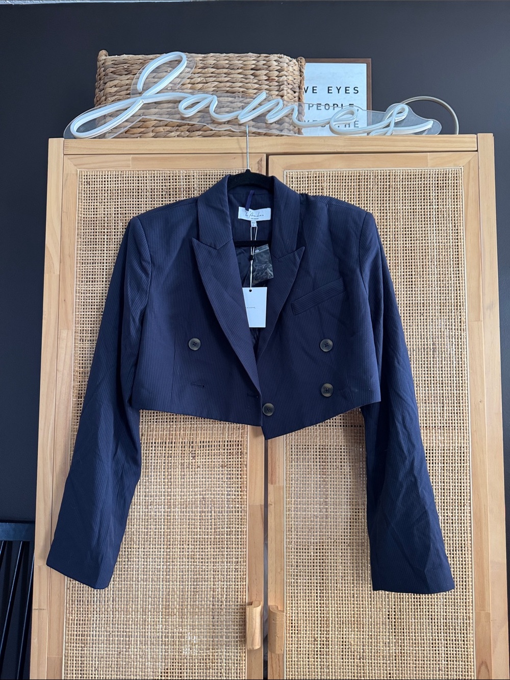L'Academie Cropped Double-Breasted Navy Blazer